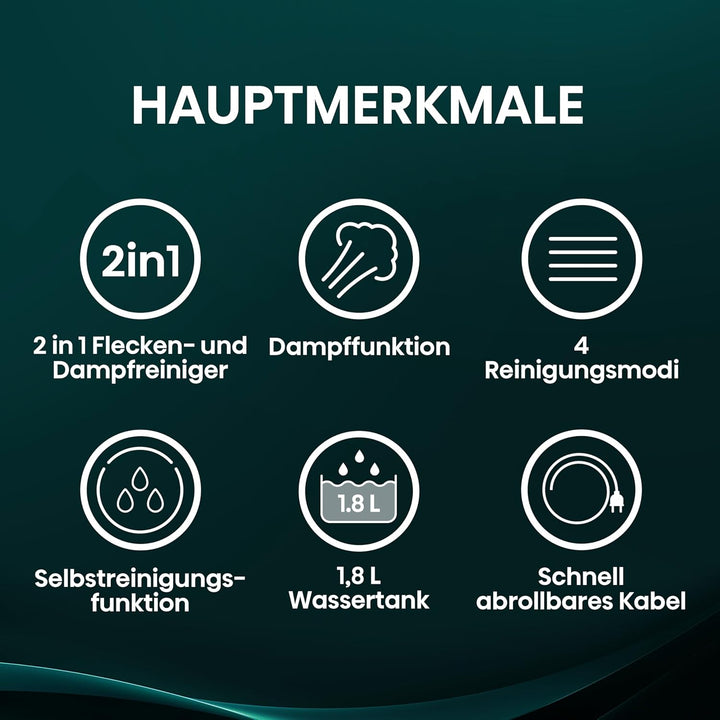 Hisense HSSC007A Dampfreiniger/ 1,8 L Wassertank/ 1500 W/ 2 in 1 Flecken- und Dampfreiniger/ 4 Reini