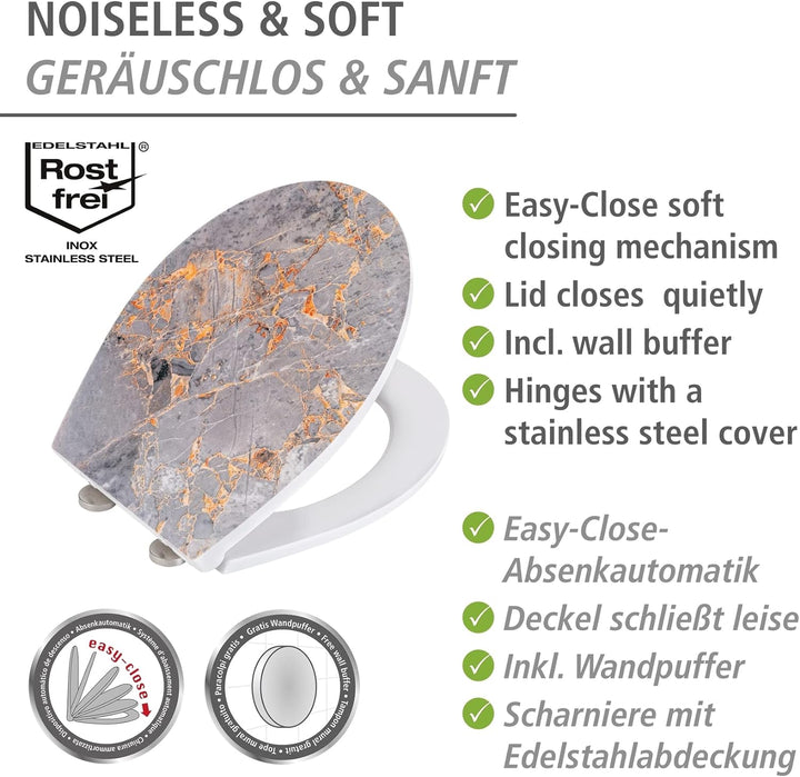 WENKO WC-Sitz Grey Marble, eleganter Toilettensitz aus antibakteriellem Duroplast mit Absenkautomati