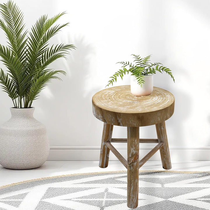 Spetebo Holz Blumenhocker mit 3 Beinen White Washed - Ø 35 cm - Massivholz Deko Hocker rund Shabby C