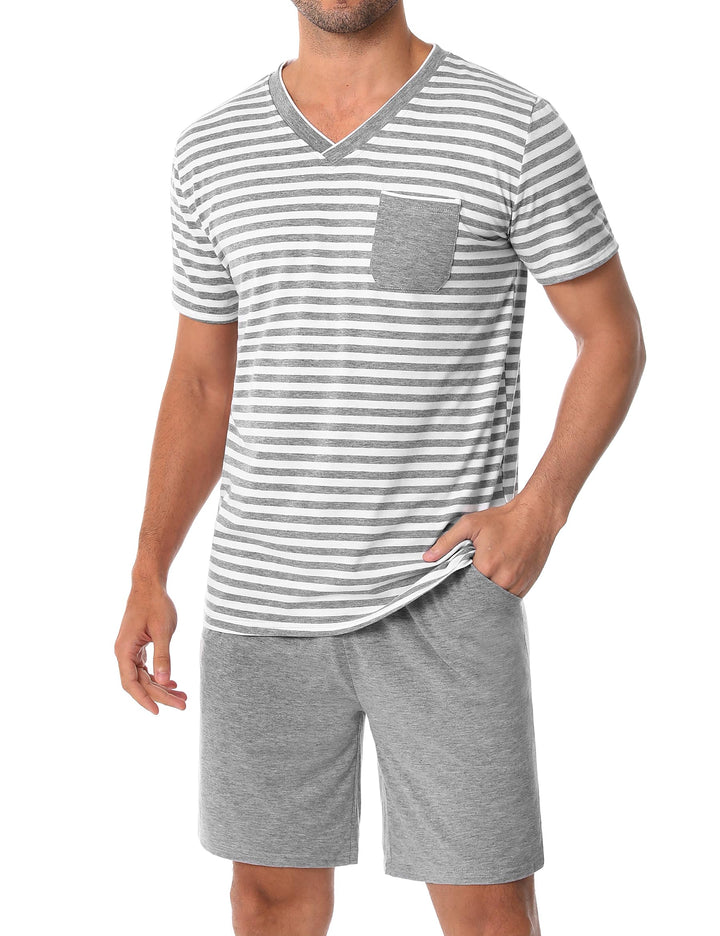 Schlafanzug Herren Kurz aus Baumwolle mit Kontraststreifen Design, Sommer Pyjama Set Oberteile und K