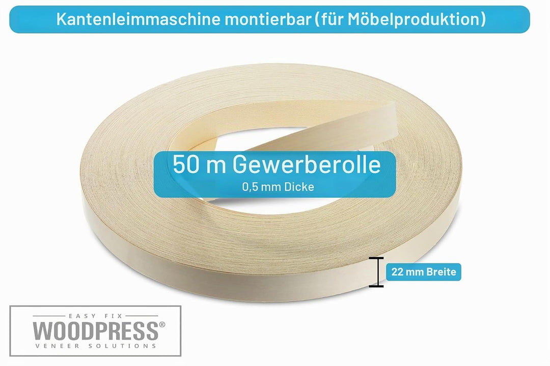 WoodPress® 22mm Echtholz vorverleimtes Furnier Kantenband - 50m Handelsrolle - Aufbügelholz Width: 2