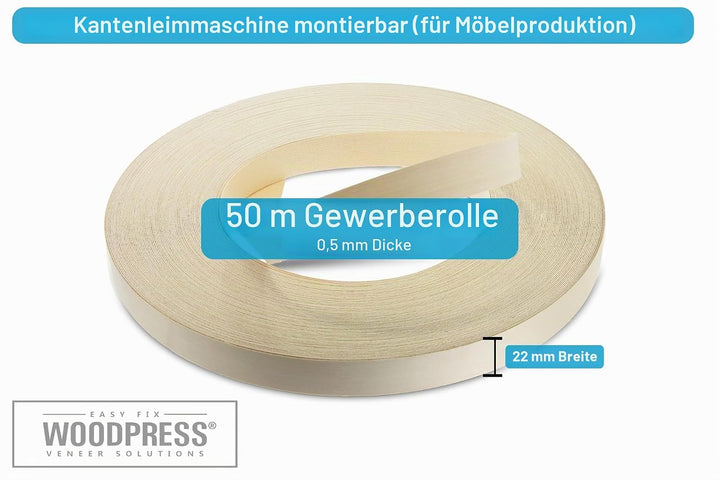 WoodPress® 22mm Echtholz vorverleimtes Furnier Kantenband - 50m Handelsrolle - Aufbügelholz Width: 2
