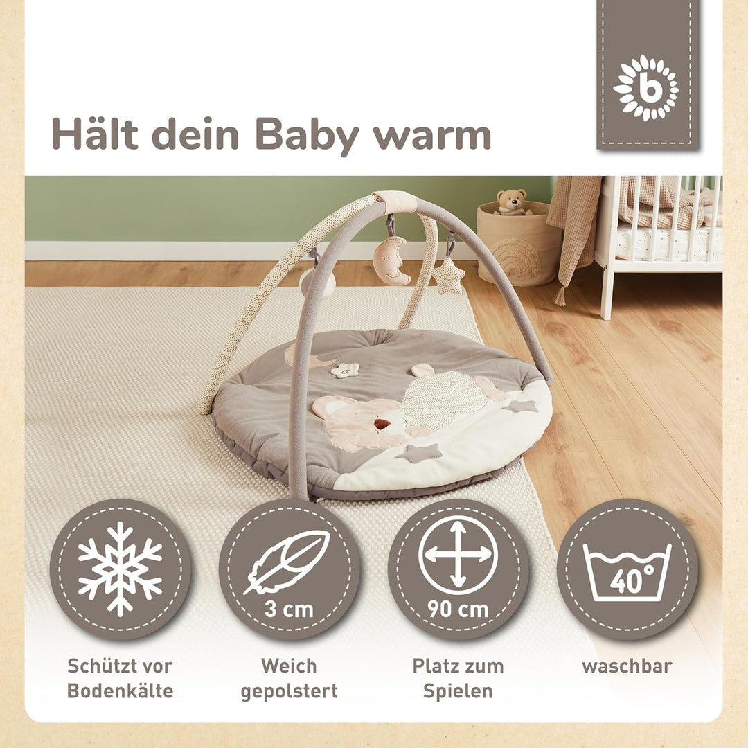 Bieco Krabbeldecke mit Spielbogen für Babys, Schlafbär | ∅ ca. 90 cm | süsse Mobile Spieldecke Baby