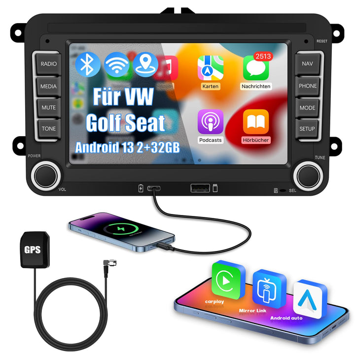 Ledio Bluetooth Autoradio mit Bildschirm für VW Golf 5 6 T5 Polo 6r Caddy Passat Touran Seat, Auto R