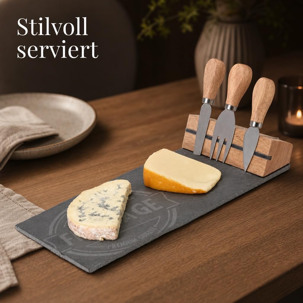 MIJOMA 4-TLG Set Holz-Käsebrett mit Käsemesser und Käsegabel, Käseplatte Käsebrettchen, 26 x 37 cm