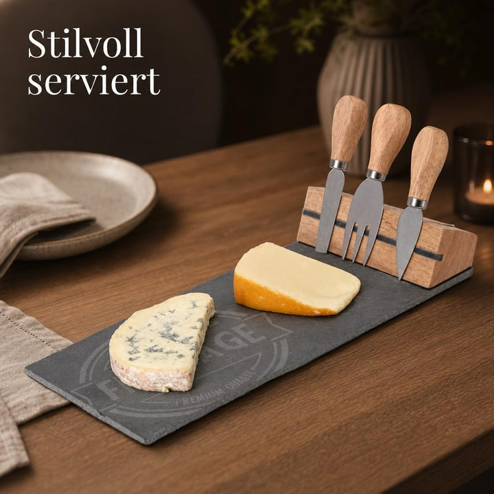 MIJOMA 4-TLG Set Holz-Käsebrett mit Käsemesser und Käsegabel, Käseplatte Käsebrettchen, 26 x 37 cm