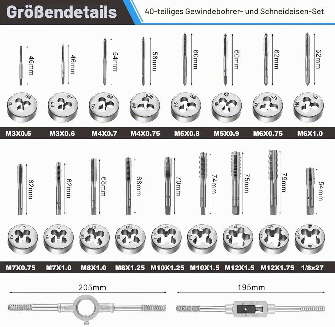 HSEAMALL Gewindeschneidsatz, 40-teilig, M3-M12 Gewindebohrer und Schneideisen 40 pcs Silver, 40 pcs