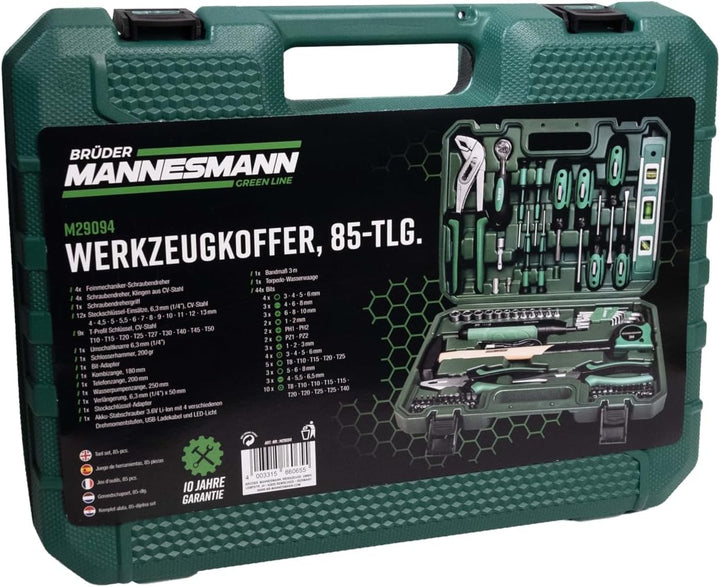 Brüder Mannesmann Werkzeugkoffer 85-tlg. mit Akku-Stabschrauber 3,6 V LI-Ion, LED-Licht | inkl. Stec
