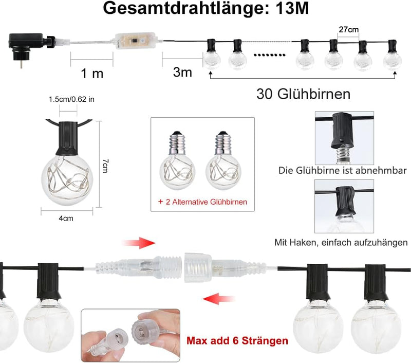 30 LED Lichterkette Aussen Bunt, Lichterkette Aussen Strom, 18 Farben Wasserdicht IP65 G40 Glühbirne