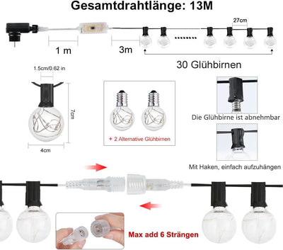 30 LED Lichterkette Aussen Bunt, Lichterkette Aussen Strom, 18 Farben Wasserdicht IP65 G40 Glühbirne