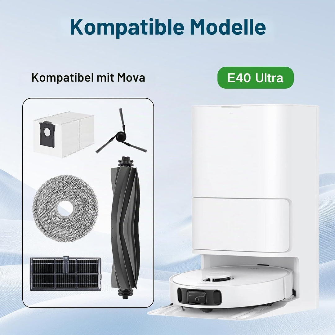 Zubehör Ersatz für Mova E40 Ultra Saugroboter, 1 Hauptbürste, 4 HEPA Filter, 4 Seitenbürsten, 4 Wisc