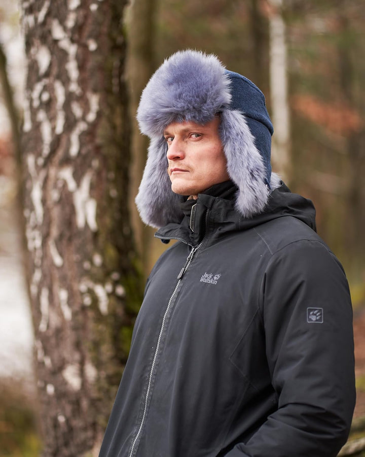 Futrzane Trappermütze aus Cord - Ushanka Herren - Fell Mütze mit Ohrenklappen M Marineblau - Stahlbl