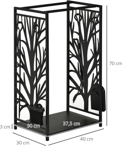 HOMCOM Kaminholzständer mit Kaminbesteck, Brennholzregal, Feuerholzablage, Kaminwerkzeug, Stahl Schw