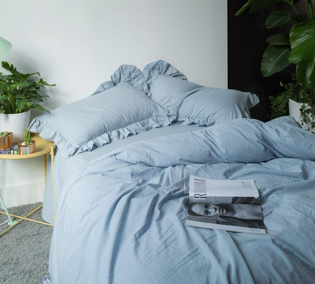 Lanqinglv Bettwäsche 200x220cm Gräuliches Blau mit Rüschen,aus 100% Weiche Microfaser Doppelbett - R