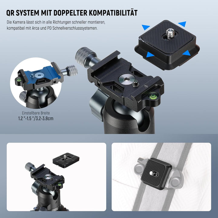 NEEWER 60,4" Reisestativ aus Carbonfaser mit abnehmbarem 360° Kugelkopf, leichtes Videokamera Stativ