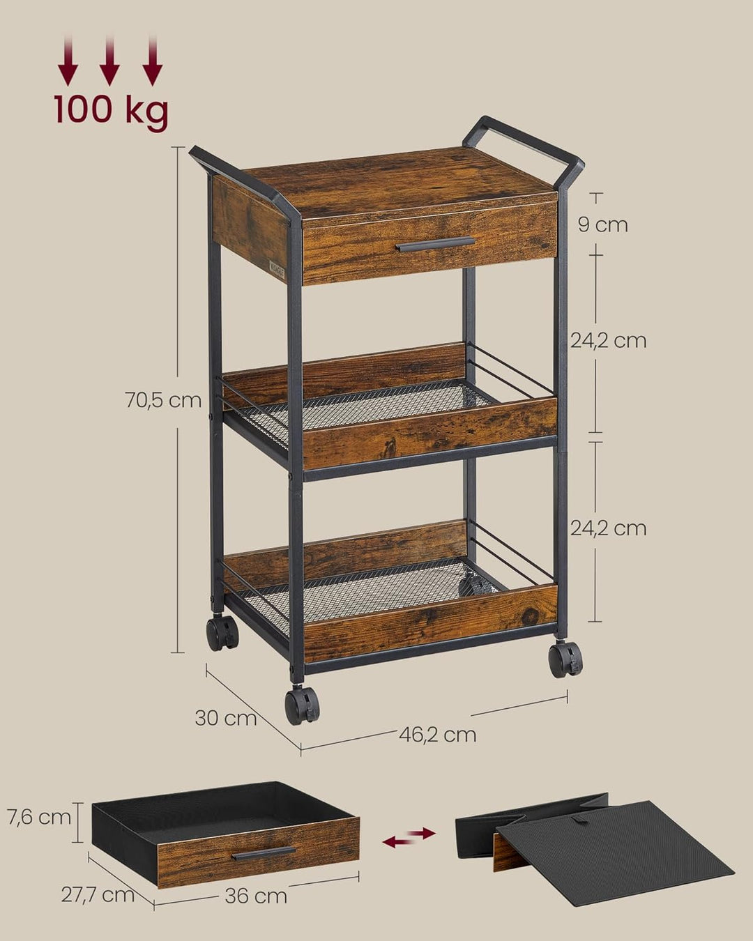 VASAGLE Rollwagen, Küchenwagen 3 Ebenen, Servierwagen mit Bremsen, Holzspanplatte, obere Schublade,