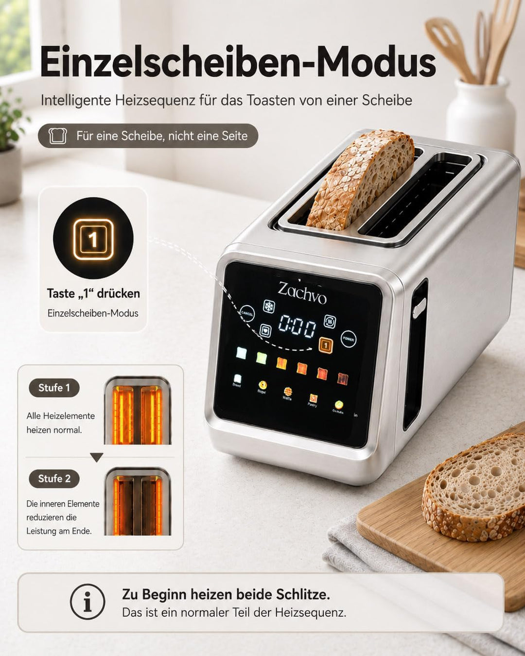4 Scheiben Langschlitz Toaster Edelstahl, Smart Touchscreen mit LED-Countdown, Memory-Funktion, 6 Br