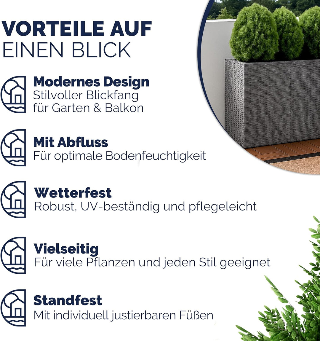 Casaria® Blumenkasten 3 Innentöpfe Polyrattan Herausnehmbar Wasserablauf Outdoor Rechteckig Pflanzka