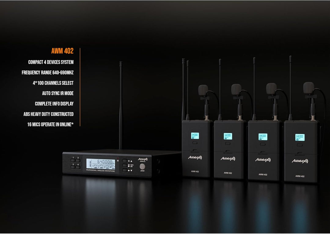 Audibax AWM 402 Micrófono Inalámbrico Lavalier de 4 Canales UHF