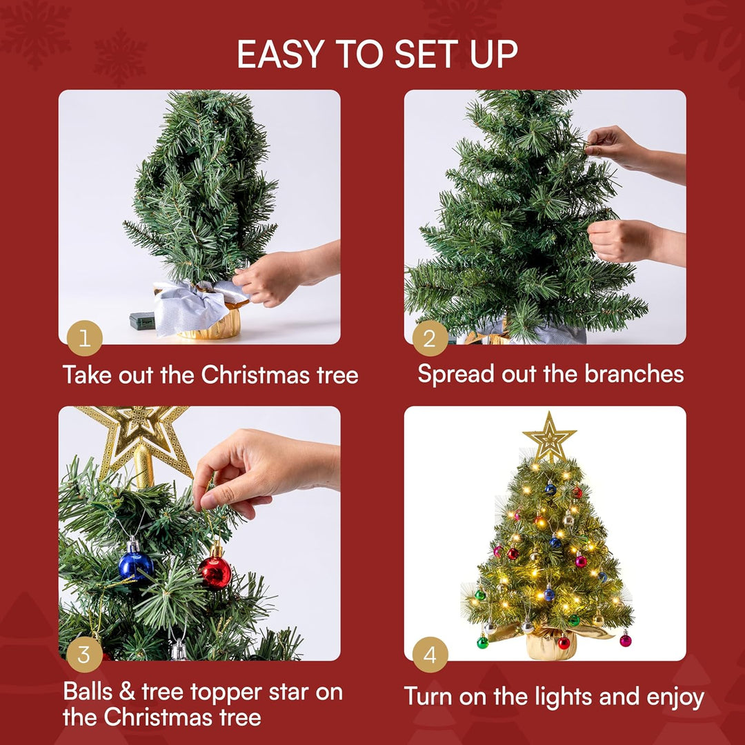 JOIEDOMI Kleiner Weihnachtsbaum mit Lichtern, 61 cm, Tisch-Weihnachtsbaum mit Sternen-Baumspitze und