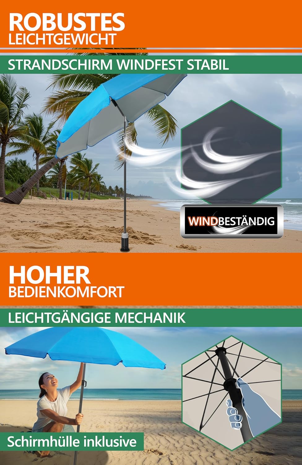 4smile Sonnenschirm Strand SunnyJoy 3-IN-1-SET, Fb. Blau - Strandschirm Ø 200 cm + Bodenhülse + Schu