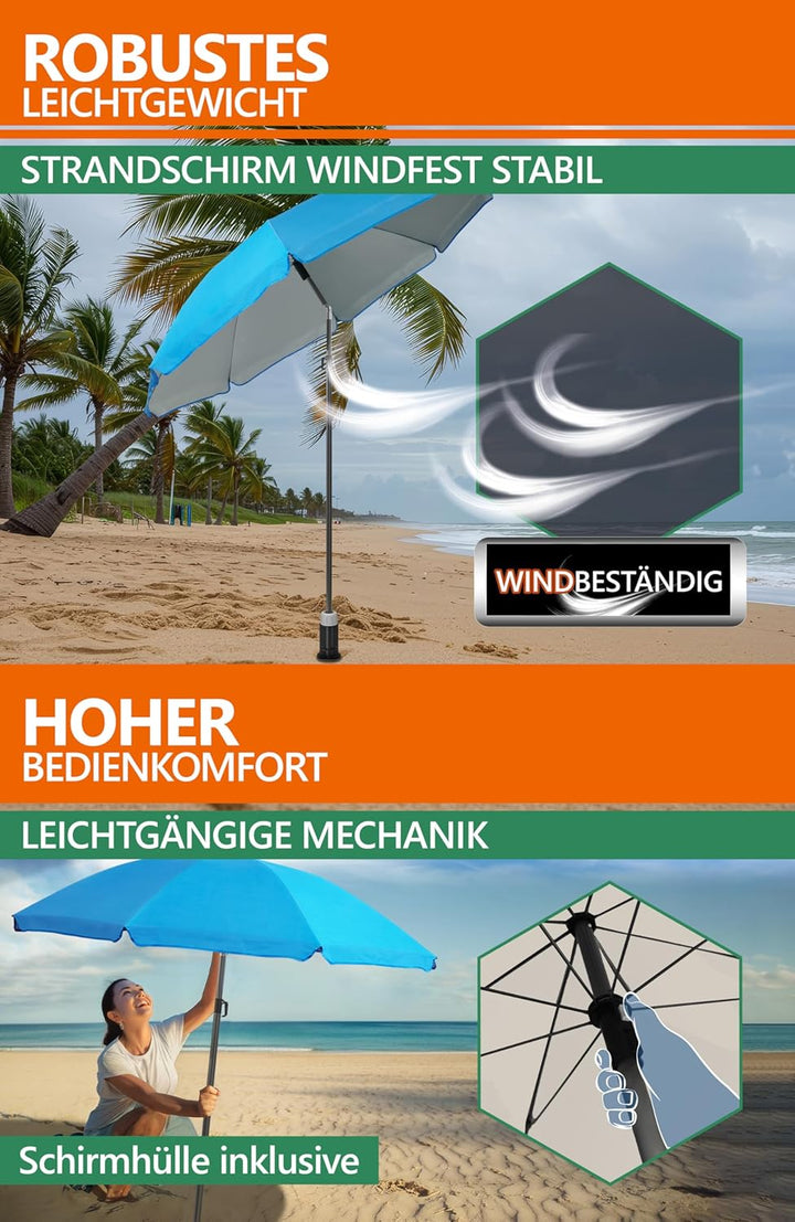 4smile Sonnenschirm Strand SunnyJoy 3-IN-1-SET, Fb. Blau - Strandschirm Ø 200 cm + Bodenhülse + Schu