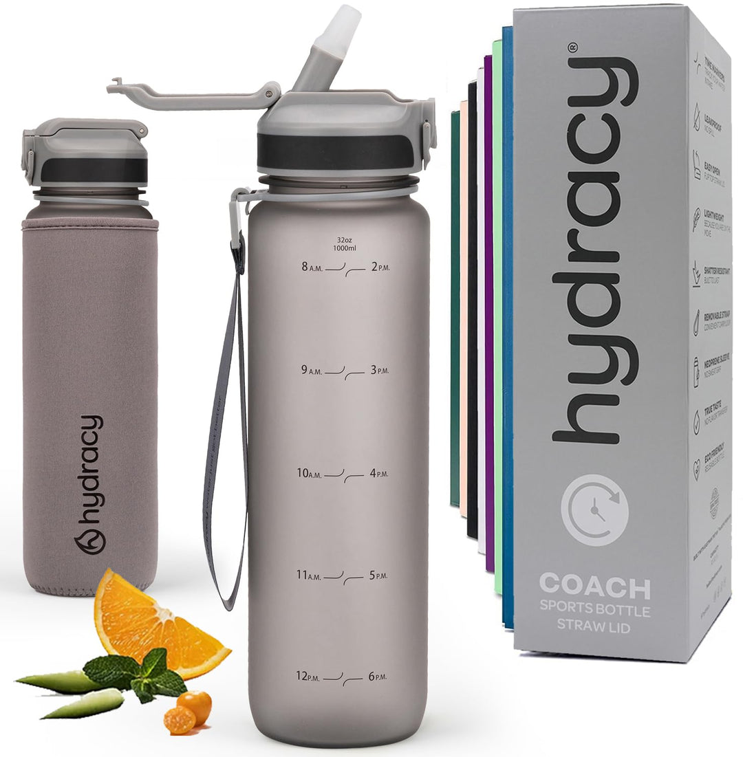 Hydracy Motivations Wasserflasche mit Zeitmarkierung &amp; Strohhalmdeckel 1L | BPA-frei, auslaufsicher,