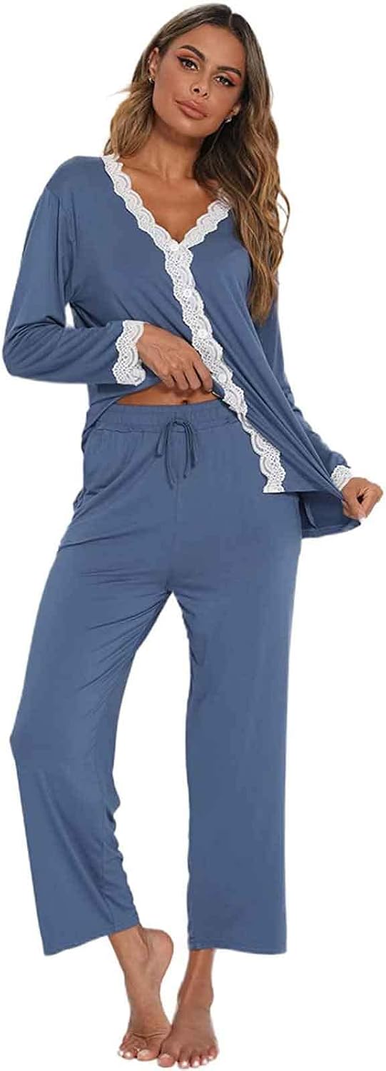 Jecarden Damen Schlafanzug mit Spitze Lang - Damen Pyjama Set Winter Langärmelig Nachtwäsche Zweitei