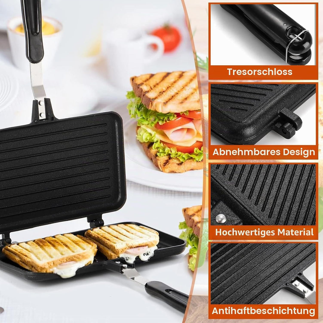 4 Stücke Doppelseitige Bratpfanne,Sandwich Maker mit 1 Küchenzange aus Edelstahl und 2 Silikonpinsel