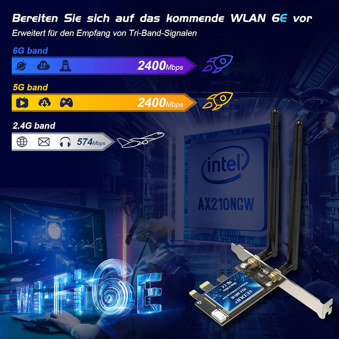 EDUP WiFi 6E Bluetooth 5.2 PCIE WLAN Karte Intel AX210 5400Mbit/s WLAN Netzwerkkarte Adapter, 802.11