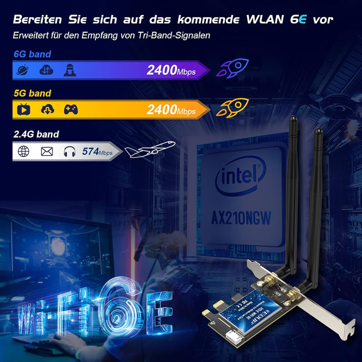EDUP WiFi 6E Bluetooth 5.2 PCIE WLAN Karte Intel AX210 5400Mbit/s WLAN Netzwerkkarte Adapter, 802.11