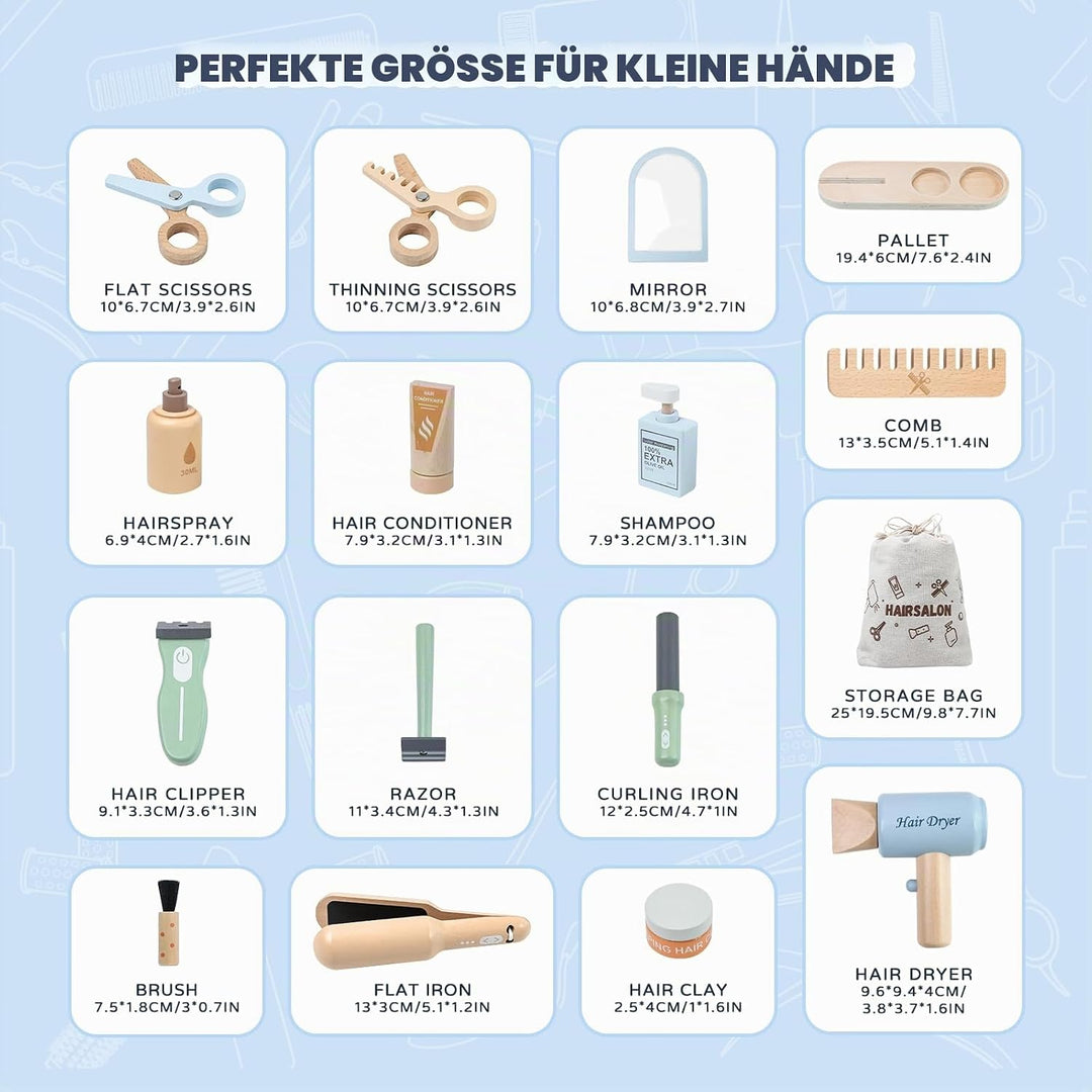 Holz Friseur Spielzeug für Kinder mit Haartrockner, Glätteisen, Kamm, Spiegel und Aufbewahrungstasch