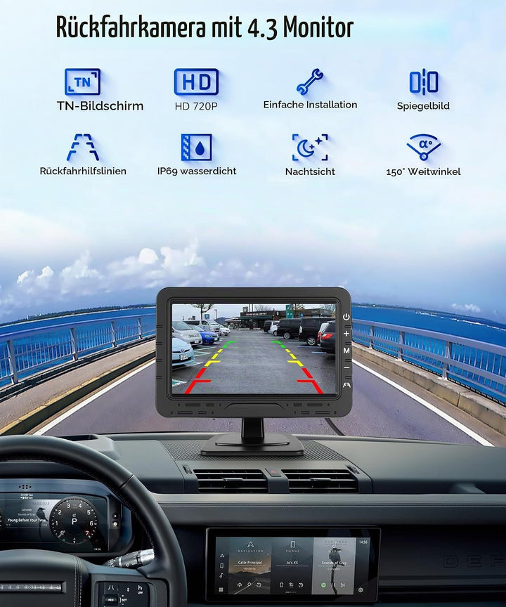 VECHTEL Rückfahrkamera Kable mit 4.3-Zoll-HD-Bildschirm, IP68 Nachtsicht Drehbar Rückfahrkamera mit