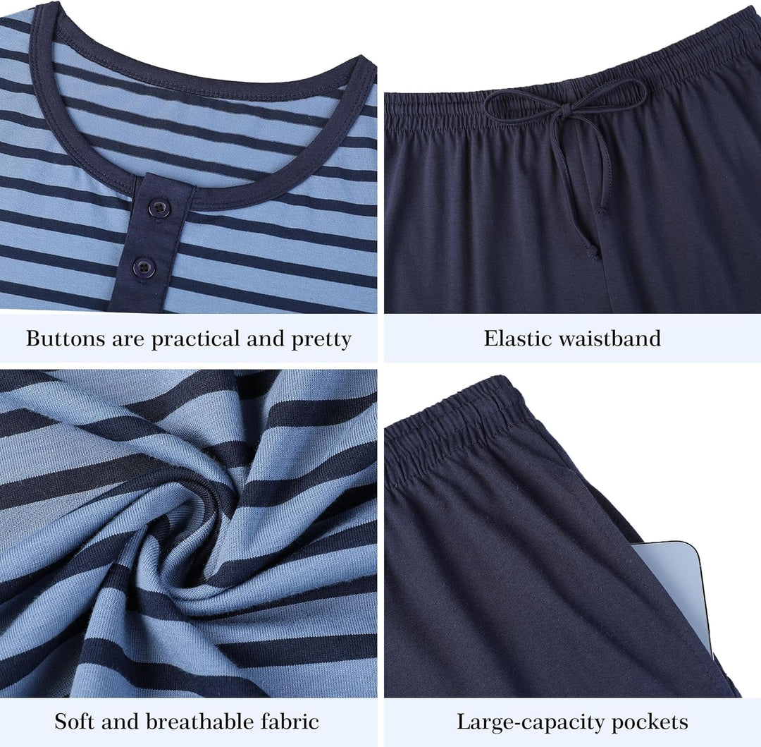 Schlafanzug Herren Kurz aus Baumwolle mit Kontraststreifen Design, Sommer Pyjama Set Oberteile und K
