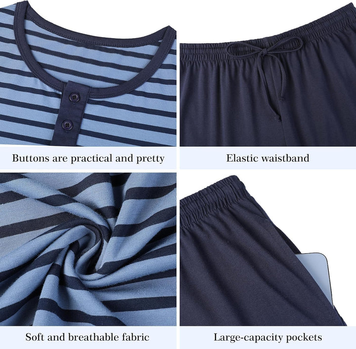 Schlafanzug Herren Kurz aus Baumwolle mit Kontraststreifen Design, Sommer Pyjama Set Oberteile und K