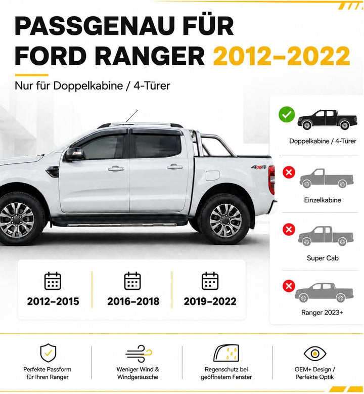 Windabweiser für Ford Ranger T6/T7/T8 Doppelkabine 2012-2022, Regenabweiser für Seitenscheiben Fenst