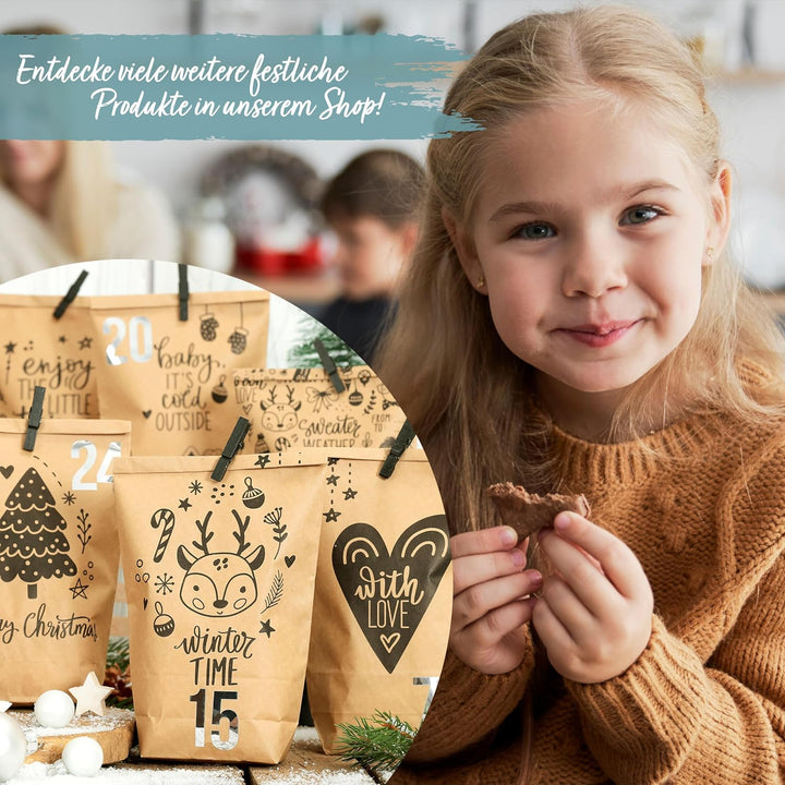 Papierdrachen Adventskalender 2025 zum Befüllen - 24 braune Geschenktüten mit Zahlenaufklebern - Kin