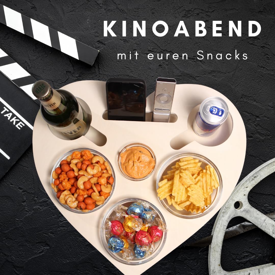 Herz Couchbar in Weiss mit 4 Glasschalen - Couch Tablett für Snacks & Getränke [stabil & sicher] Sna