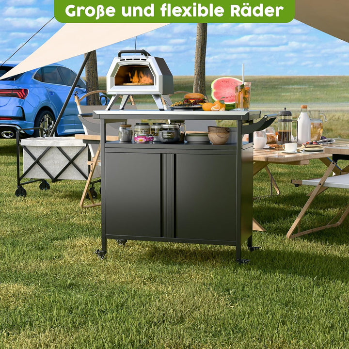 Grillwagen Grilltisch, Pizzatisch mit 4 Rollen,304 Tischplatte aus Edelstahl,Rollwagen zum Grillen,