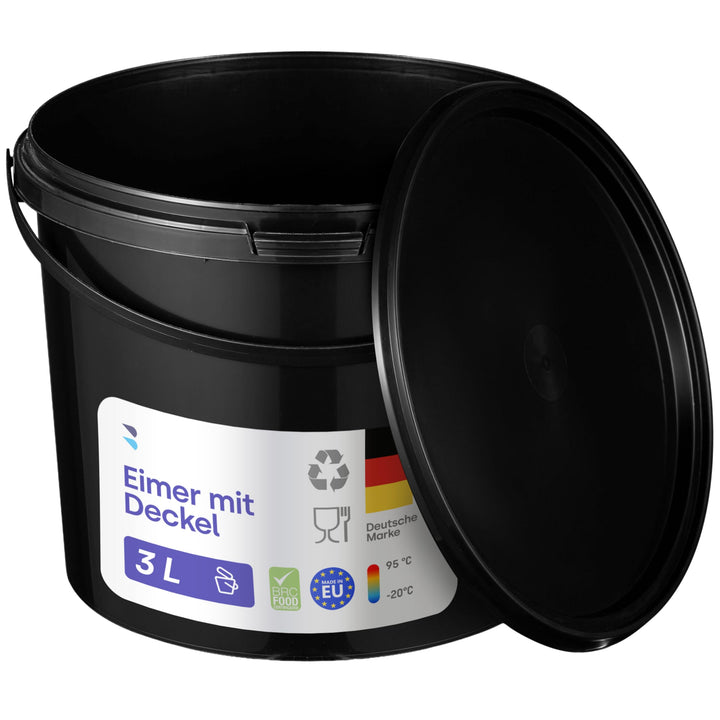 BenBow Eimer mit Deckel 3l schwarz 5X 3 Liter - lebensmittelecht, stabil, luftdicht, auslaufsicher,