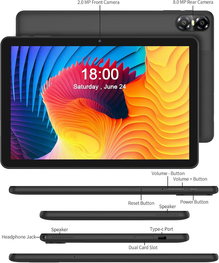 PRITOM 10-Zoll-Tablet mit Tastatur und Stift, 16 GB, 64 GB ROM, Android 15, 1024 GB erweiterbar, Qua
