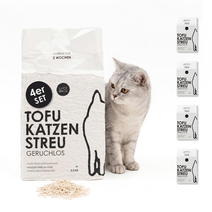 LucyBalu® TOFU Katzenstreu | Klumpendes Katzen Streu | Geruchsbindend und nachhaltig | 4er Set | 24