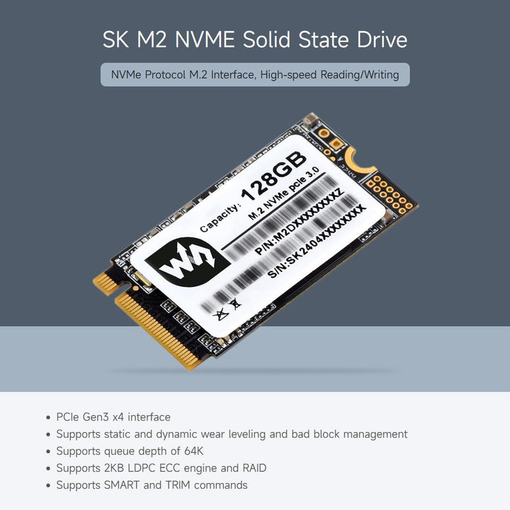 Waveshare SK M2 NVME 2242 128GB Solid State Drive, 3D TLC Flash Memory, High-Speed Reading/Writing C