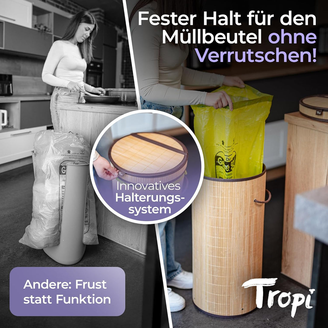 Tropi® Bambus Müllsackständer für Gelbe Säcke – 80L Gelber Sack Ständer mit Deckel & Sichtschutz – E