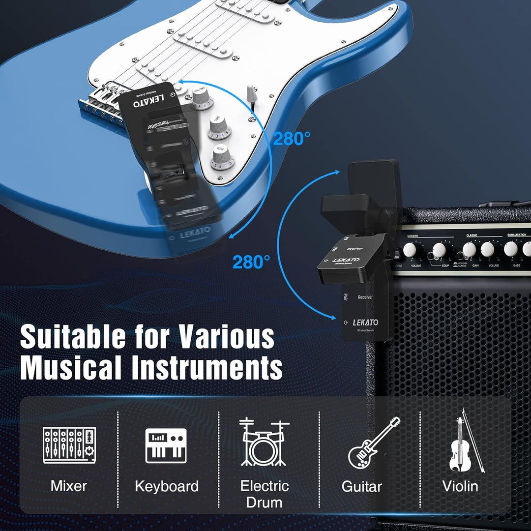 LEKATO 2.4GHz Aufgerüstet Wireless Gitarrensystem E Gitarren Sender mit Kabellos Gitarre Transmitter