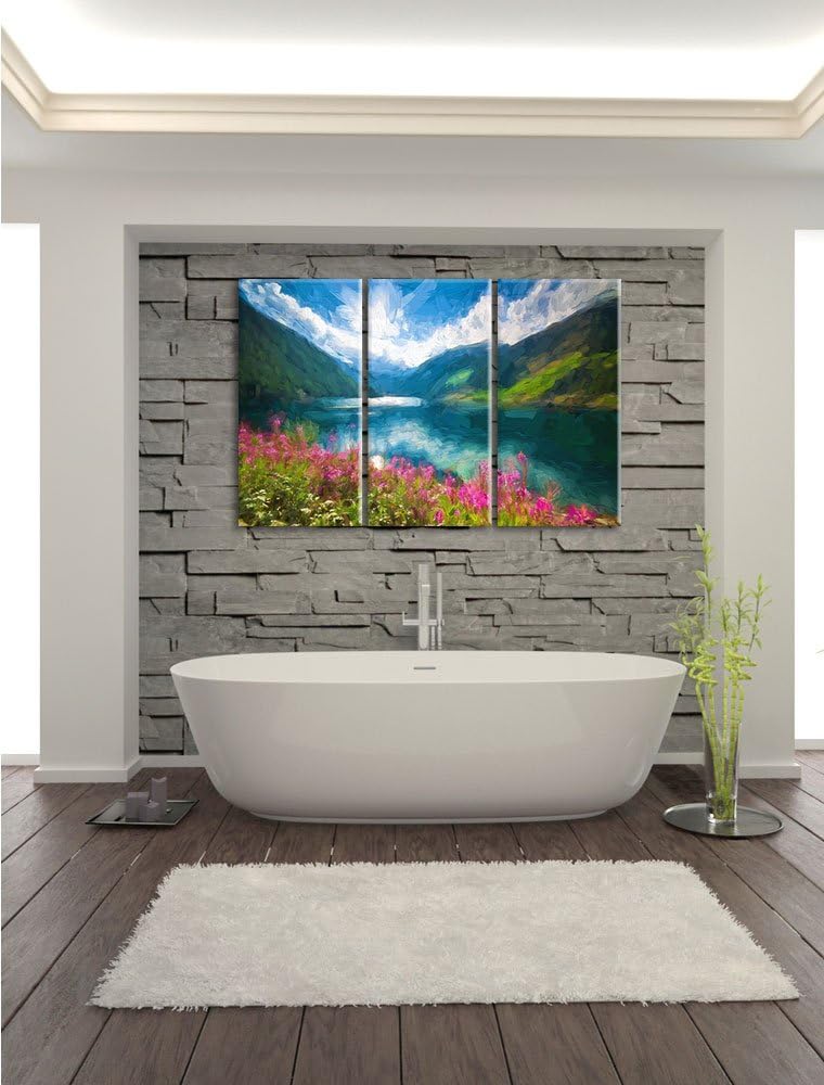 Pixxprint Blumenwiese am Bergsee Pinsel Effekt 3-Teiler Leinwandbild 120x80 Bild auf Leinwand