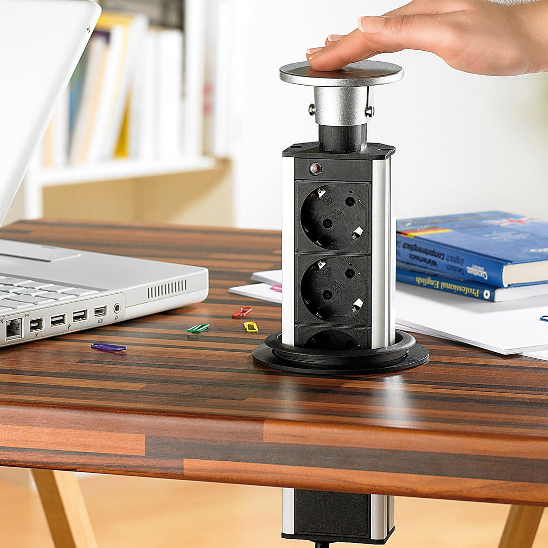 revolt Steckdose Küche: Versenkbare Tisch-3-fach-Steckdosenleiste im Alu-Gehäuse, Ø 78 mm (Versenkba