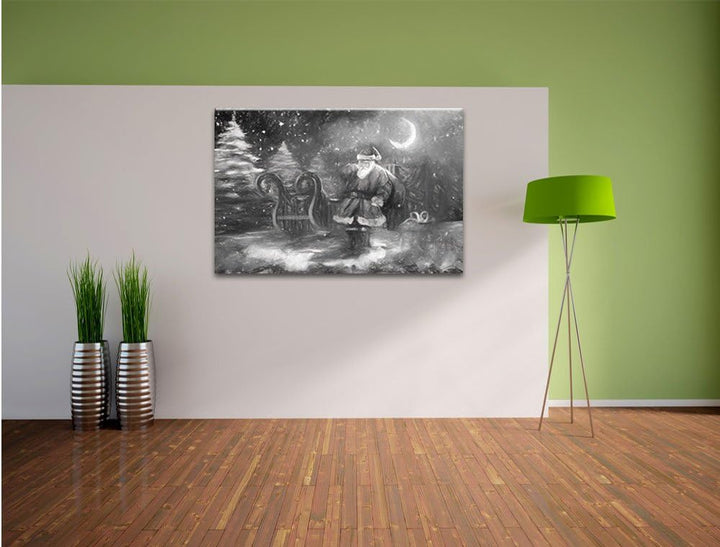 Pixxprint Weihnachtsmann mit Geschenken als Leinwandbild/Grösse: 100x70 / Wandbild/Kunstdruck/fertig