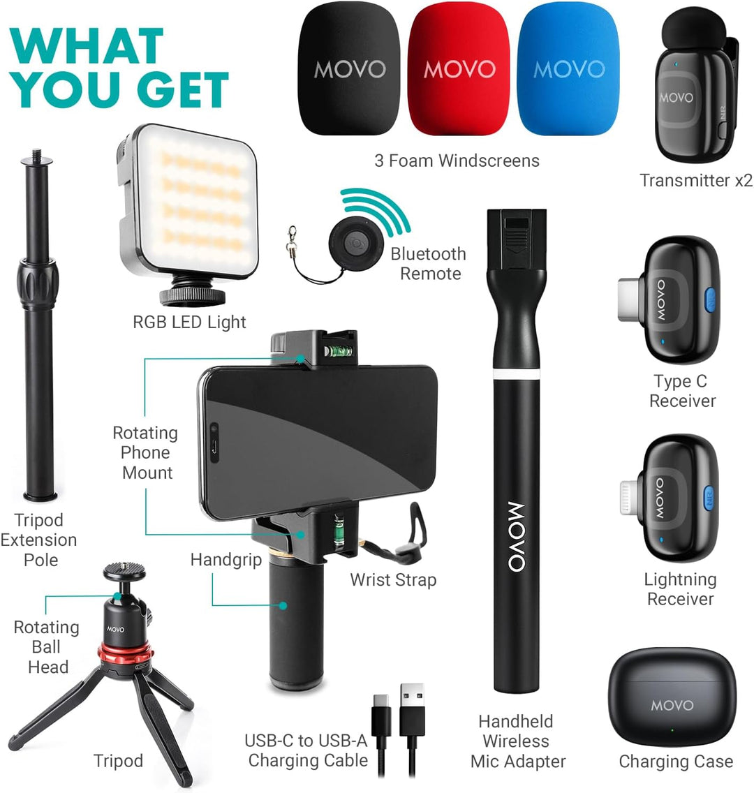Movo iVlogger-PRO Kabelloses Vlogging-Kit für iPhone/Android – YouTube-Starter-Kit für Content-Creat