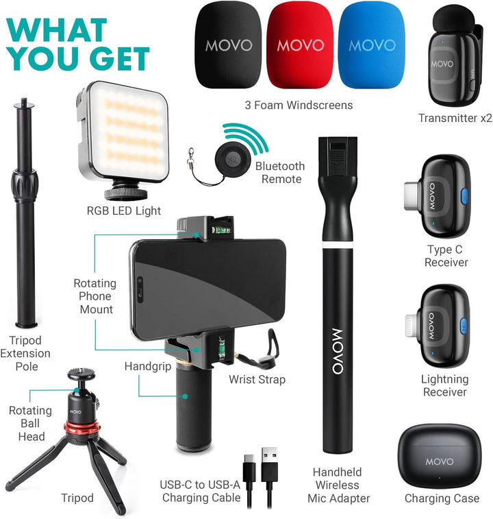 Movo iVlogger-PRO Kabelloses Vlogging-Kit für iPhone/Android – YouTube-Starter-Kit für Content-Creat